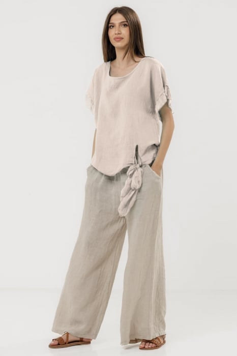 Bluza din in oversize cu funda la spate si volan din matase, bej