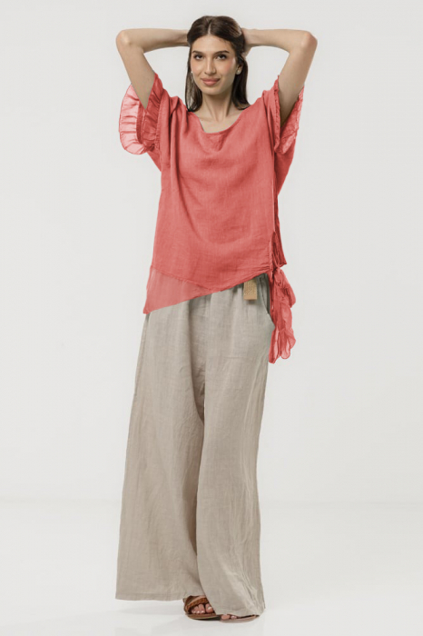 Bluza din in oversize cu funda la spate si volan din matase, roz inchis