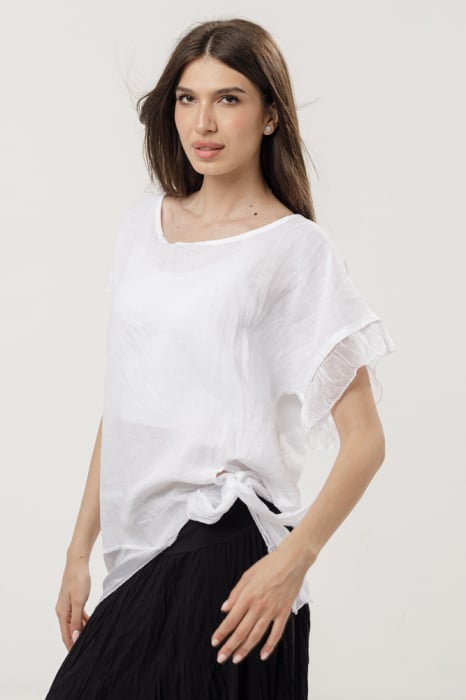 Bluza din in oversize cu funda la spate si volan din matase, alba