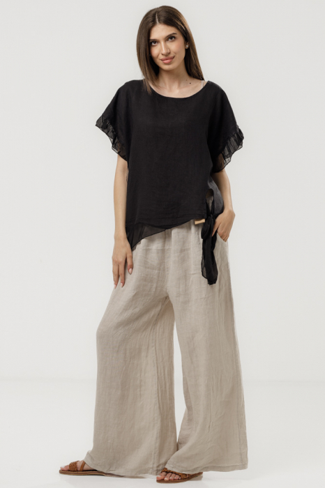 Bluza din in oversize cu funda la spate si volan din matase, neagra
