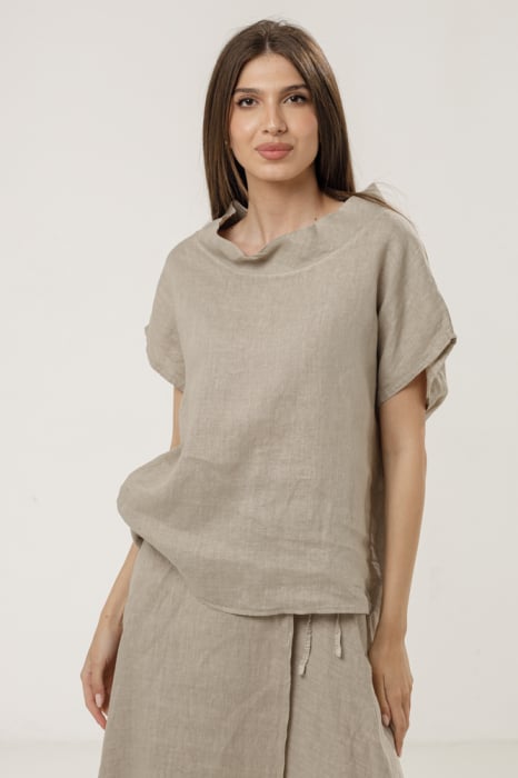 Bluza din in oversize, cu guler inalt si maneci fluture, bej