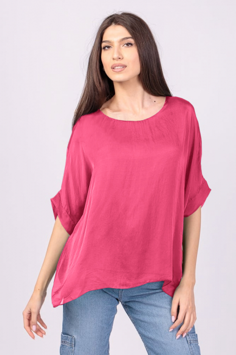 Bluza din matase naturala fucsia, cu funda pe spate