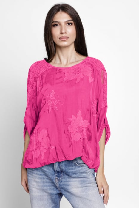 Bluza din matase naturala brodata, cu dantela pe spate, fucsia