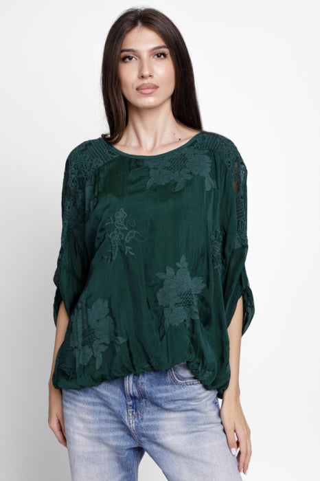 Bluza din matase naturala brodata, cu dantela pe spate, verde inchis