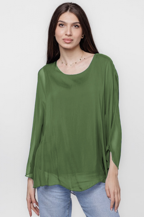 Bluza din matase naturala cu maneca clopot, verde oliv