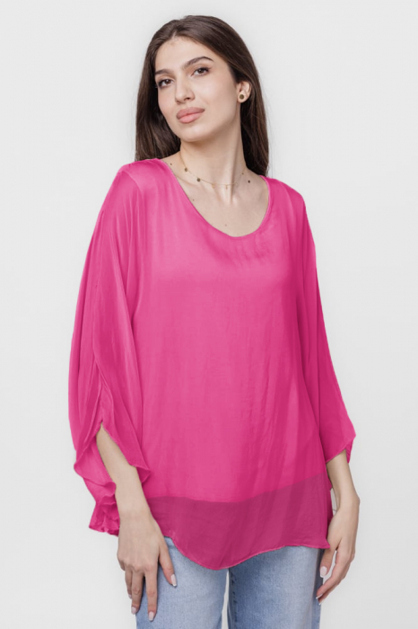 Bluza din matase naturala cu maneca evazata si dublura, fucsia