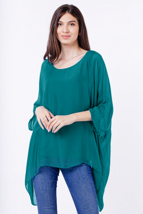 Bluza din matase naturala in colturi, turcoaz inchis