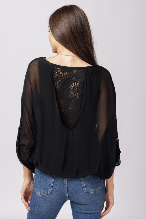 Bluza din matase si vascoza neagra brodata si dantela pe spate [3]