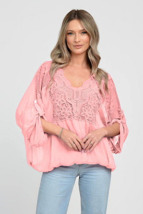 Bluza din matase naturala platca brodata, cu dantela pe maneci si pe spate, roz