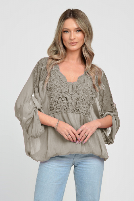Bluza din matase naturala platca brodata, cu dantela pe maneci si pe spate, bej inchis