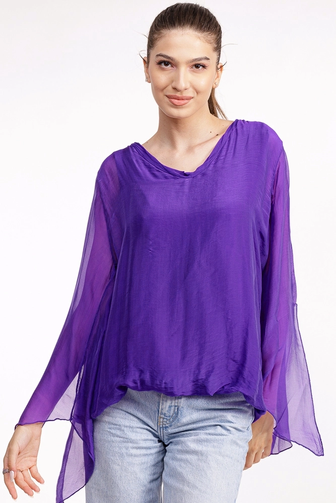 Bluza din matase naturala violet, cu maneca lunga, sparta