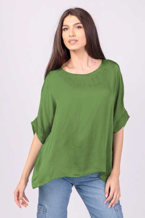 Bluza din matase si vascoza cu funda pe spate, verde oliv