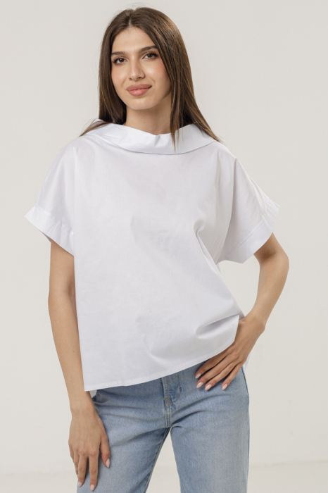 Bluza din poplin de bumbac cu guler intors si maneci scurte, alba