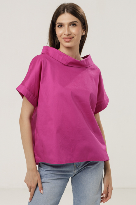 Bluza din poplin de bumbac cu guler intors si maneci scurte, magenta