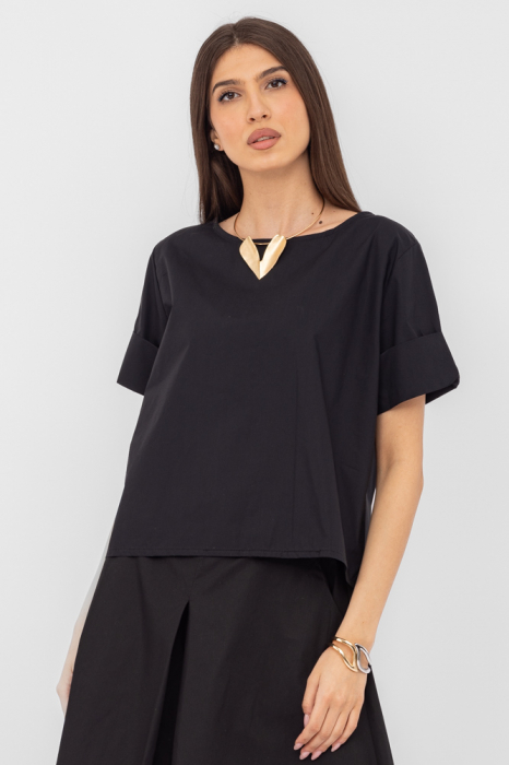 Bluza din poplin de bumbac  cu nasturi pe spate, neagra