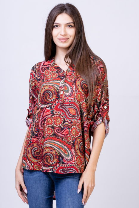 Bluza din vascoza cu imprimeu arabesque multicolor pe fond rosu shopika imagine noua 2022