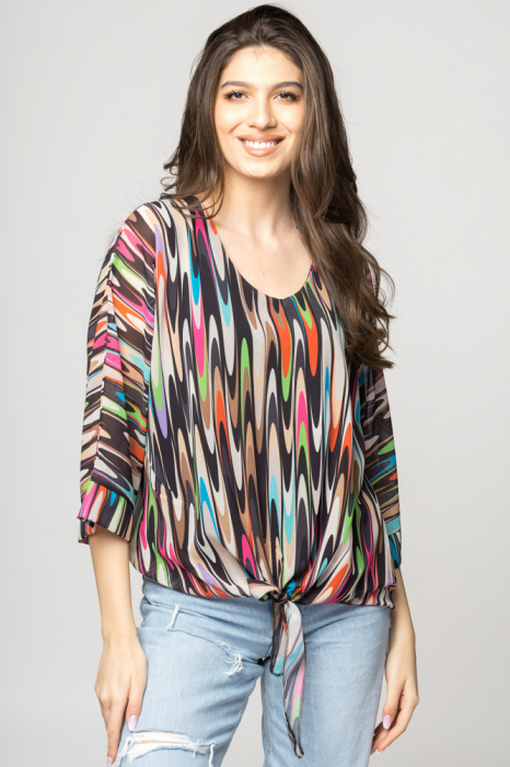 Bluza din voal cu nod si imprimeu multicolor Bluza imagine noua 2022
