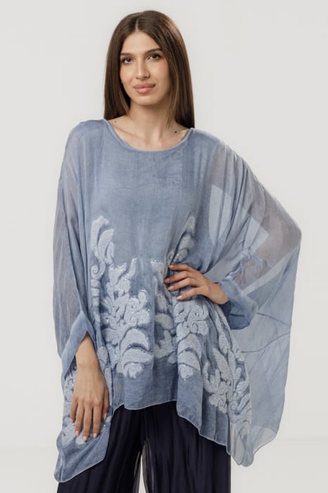 Bluza eleganta din matase naturala cu broderie si paiete fine, albastru jeans