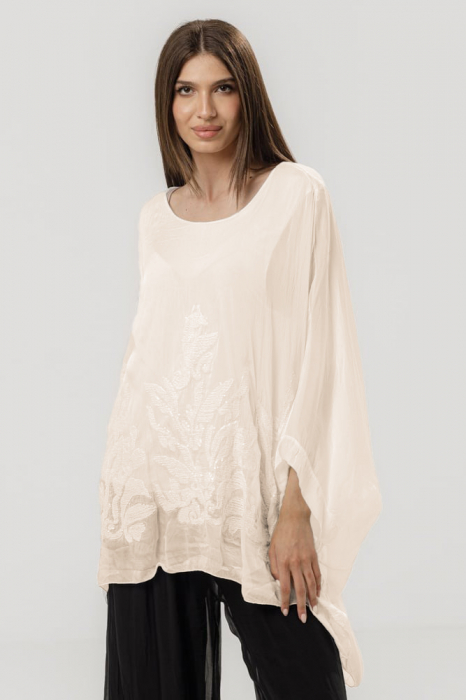 Bluza eleganta din matase naturala cu broderie si paiete fine, bej deschis
