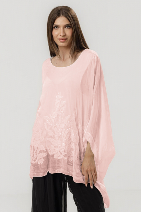Bluza eleganta din matase naturala cu broderie si paiete fine, roz deschis