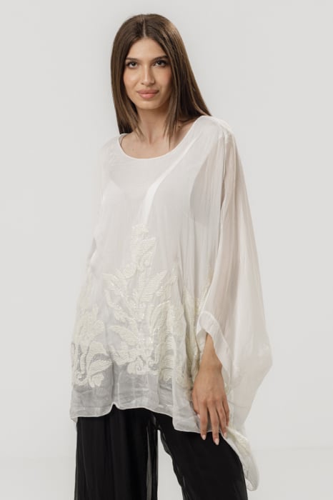 Bluza eleganta din matase naturala cu broderie si paiete fine, alba
