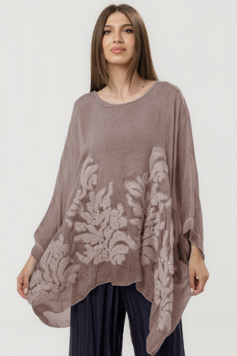 Bluza eleganta din matase naturala cu broderie si paiete fine, bej inchis