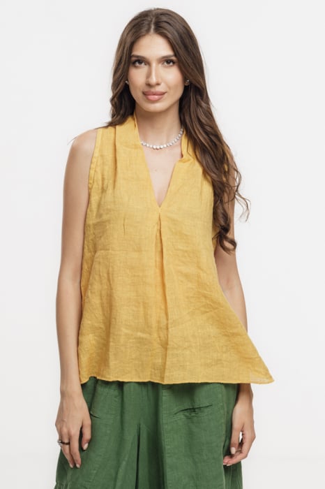 Bluza fara maneci din in cu decolteu si guler inalt, galben turmeric