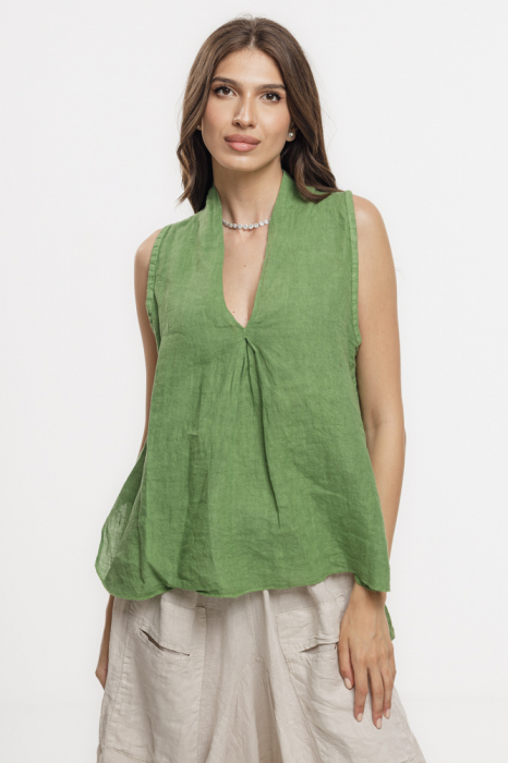 Bluza fara maneci din in cu decolteu si guler inalt, verde