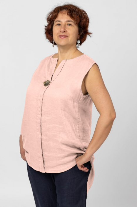 Bluza fara maneci din in cu nasture metalic decorativ, roz pal