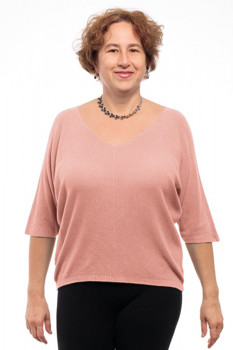 Bluza fin tricotata cu maneca fluture 3 4, roz pastel