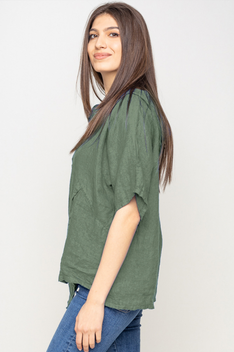 Bluza kaki asimetrica din in, cu gluga [2]