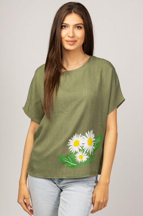 Bluza kaki din in mercerizat, oversize, cu imprimeu margarete