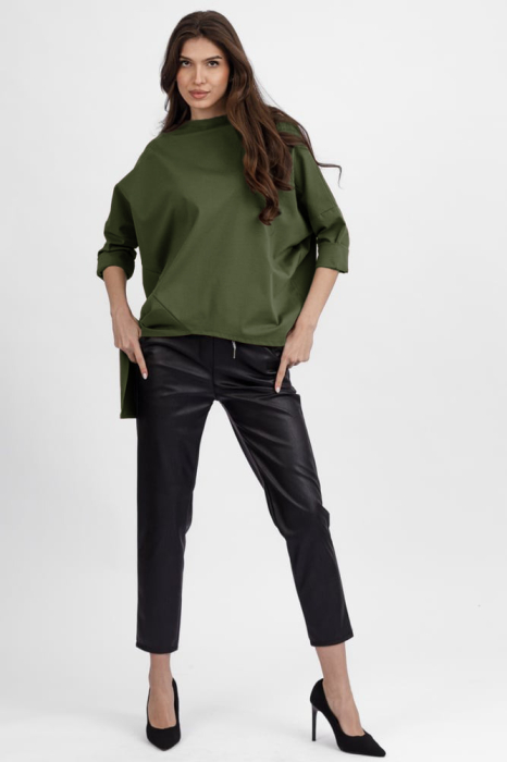 Bluza kaki din jerseu bumbac, cu un colt lateral