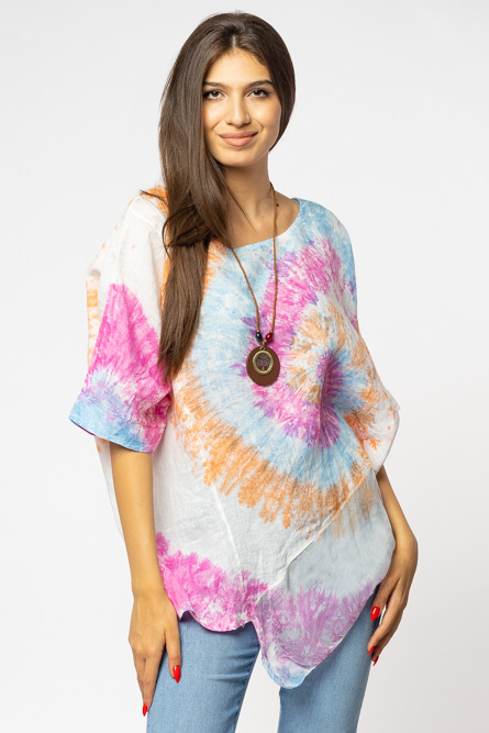 Bluza larga in colturi, din in si matase cu imprimeu asian dye