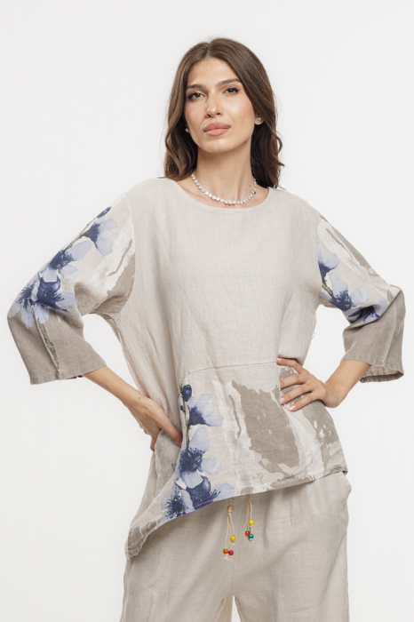 Bluza lejera din in bej cu imprimeu floral pictural