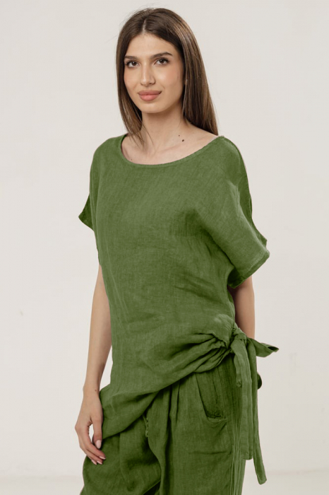 Bluza lunga din in colt si funda, verde oliv