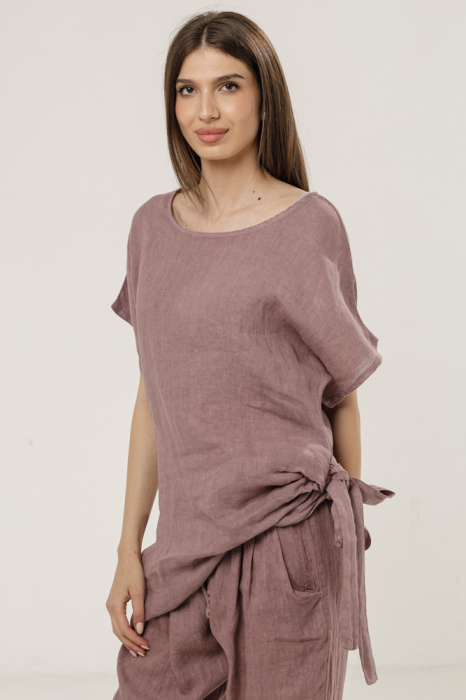 Bluza lunga din in cu colt si funda, roz prafuit inchis
