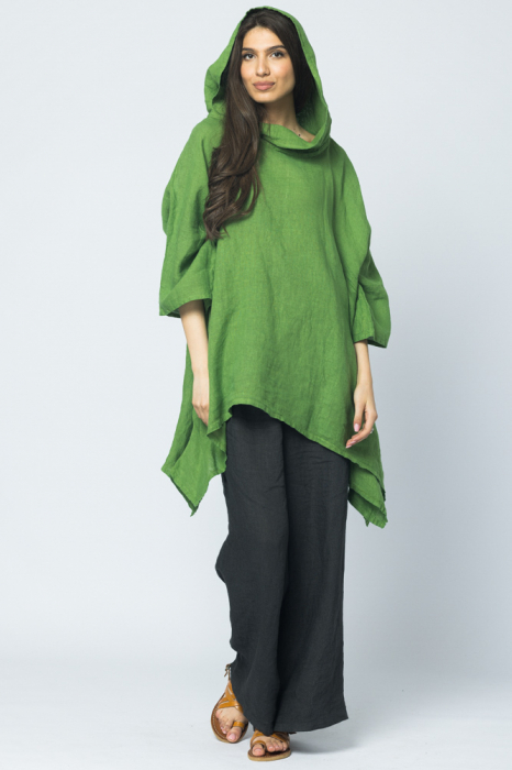 Bluza lunga in colturi, din in, cu gluga, verde