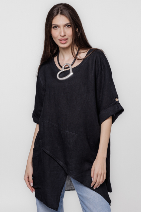 Bluza lunga tunica, in colturi, din in, neagra