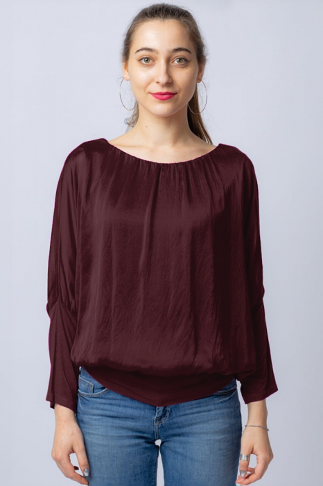 Bluza bordo din matase naturala cu maneca lunga fluture si elastic la poale