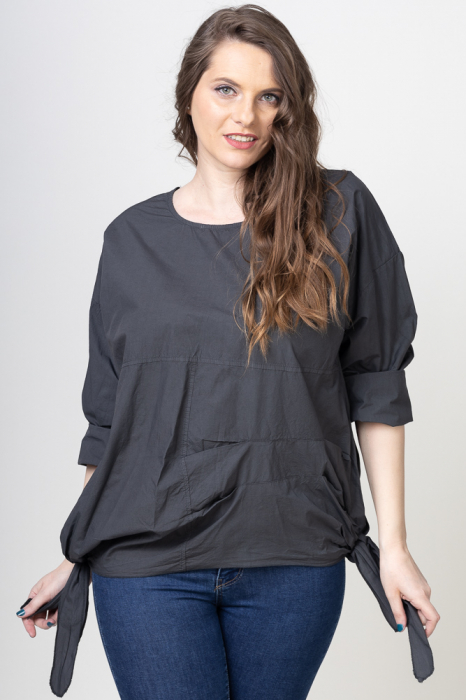 Bluza oversize din bumbac, cu funde laterale, gri inchis