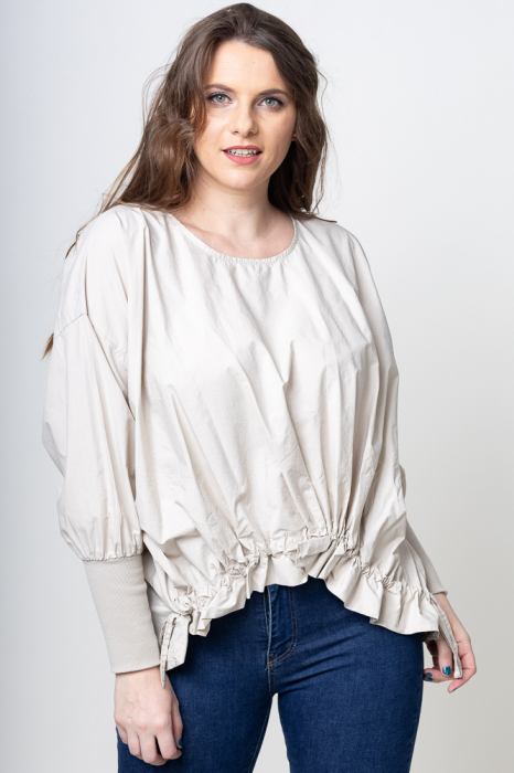 Bluza oversize din bumbac, mai scurta in fata, cu siret la baza, bej deschis