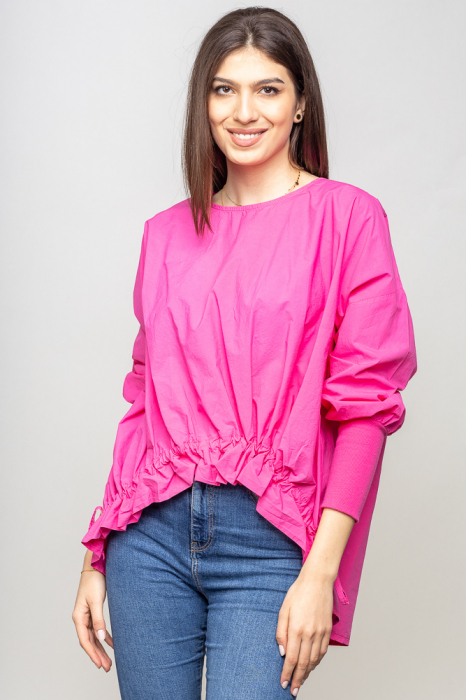 Bluza oversize din bumbac, mai scurta in fata, cu siret la baza, fucsia