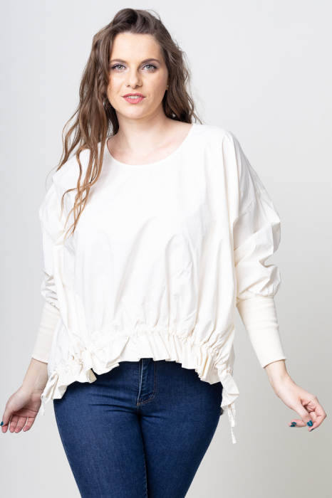 Bluza oversize din bumbac, mai scurta in fata, cu siret la baza, alb ivoire