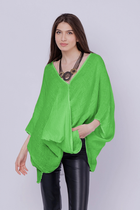Bluza oversize petrecuta, din in, verde intens