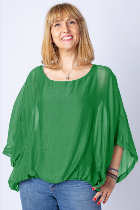 Bluza verde din matase naturala cu maneca fluture