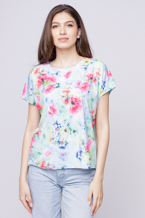 Bluza silky cu imprimeu floral pe fond turcoaz