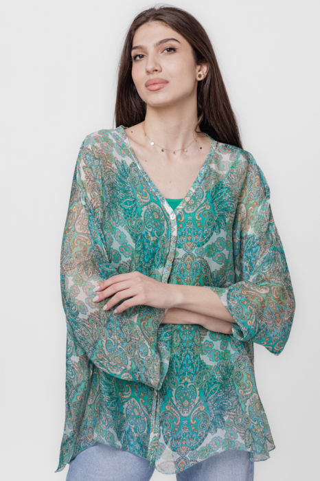 Bluza tip camasa din matase naturala cu imprimeu arabesque turcoaz, cu dublura