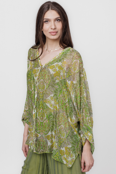 Bluza tip camasa din matase naturala cu imprimeu arabesque verde olive, cu dublura
