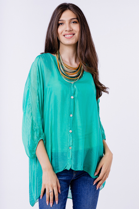 Bluza tip camasa din matase naturala turcoaz, cu elastic la maneci si dublura